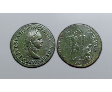 Vespasian Æ Sestertius. Lugdunum (Lyon), AD 72. IMP CAES VESPASIAN AVG P M TR P P P COS IIII, laureate head right, globe at t