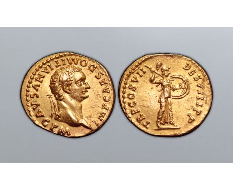 Domitian AV Aureus. Rome, AD 81. IMP CAES DOMITIANVS AVG P M, laureate head right / TR P COS VII DES VIII P P, Minerva advanc