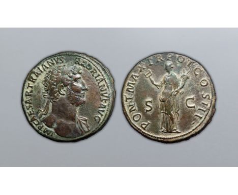 Hadrian Æ Sestertius. Rome, AD 119. IMP CAESAR TRAIANVS HADRIANVS AVG, laureate bust right, drapery on left shoulder / PONT M