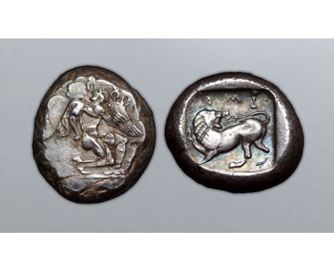 Karia, uncertain dynast AR Stater. Kaunos (?), circa 480-460 BC. Winged male figure, nude, with winged heels, in kneeling sta