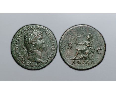 Nero Æ Sestertius. Rome, AD 65. NERO CLAVDIVS CAESAR AVG GER P M TR P IMP P P, laureate head right / Roma, helmeted and in mi