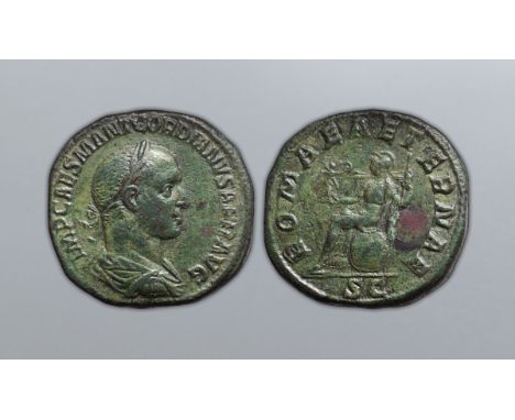 Gordian II Æ Sestertius. Rome, March-April AD 238. IMP CAES M ANT GORDIANVS AFR AVG, laureate, draped, and cuirassed bust rig