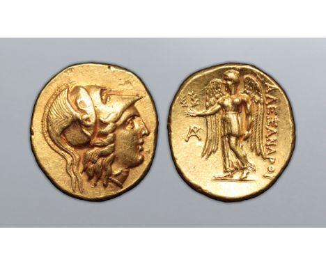 Kingdom of Macedon, Alexander III 'the Great' AV Stater. Arados, circa 325-323 BC. Helmeted head of Athena right wearing trip