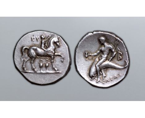 Calabria, Tarentum AR Nomos. Circa 280-272 BC. Nude youth on horseback right, crowning horse that raises left foreleg; EY abo