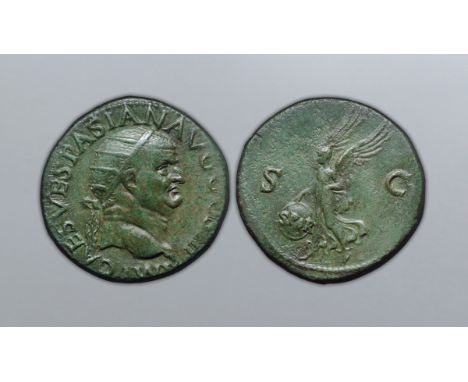 Vespasian Æ Dupondius. Lugdunum (Lyon), AD 71. IMP CAES VESPASIAN AVG COS III, radiate head of Vespasian right, globe at poin