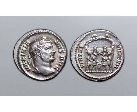 Maximian AR Argenteus. Rome, AD 294. MAXIMIANVS AVG, laureate head right / VIRTVS MILITVM, tetrarchs sacrificing over tripod 