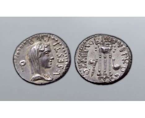 M. Junius Brutus and L. Sestius AR Denarius. Military mint travelling with Brutus (Smyrna?), 43-42 BC. L. SESTI PRO Q, head o