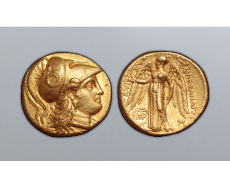 Kingdom of Macedon, Alexander III 'the Great' AV Stater. Babylon, circa 311-305 BC. Head of Athena right, wearing triple-cres