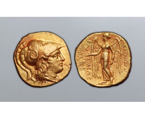 Seleukid Kings of Syria, Seleukos I Nikator AV Stater. Babylon, circa 311-300 BC. Head of Athena right, wearing single pendan