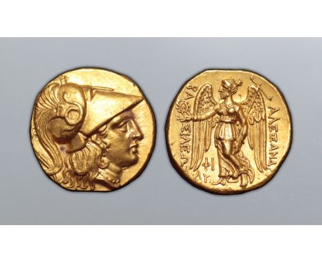 Kingdom of Macedon, Alexander III 'the Great' AV Stater. Side, circa 325-320 BC. Head of Athena right, wearing triple-crested