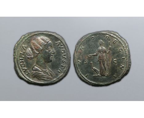 Lucilla Æ Sestertius. AD 169-183. LVCILLA AVGVSTA, draped bust right, hair in bunch at back of the head / IVNO REGINA, Juno s