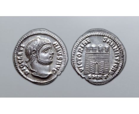 Diocletian AR Argenteus. Nicomedia, AD 295. DIOCLETIANVS AVG, laureate head right / VICTORIAE SARMATICAE, four-turreted camp 