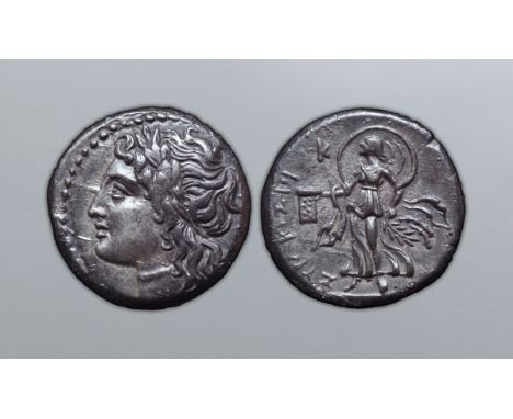 Sicily, Syracuse AR 2 1/2 Litrai. Time of Hieron II, circa 216-215/4 BC. Laureate head of Apollo left / Goddess with billowin