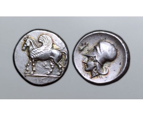 Corinthia, Corinth AR Stater. Circa 400-375 BC. Pegasos walking left, Q below / Head of Athena left, wearing Corinthian helme