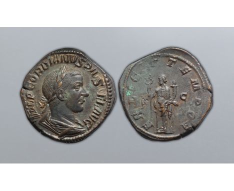 Gordian III Æ Sestertius. Rome, AD 244. IMP GORDIANVS PIVS FEL AVG, laureate, draped, and cuirassed bust right / FELICIT TEMP