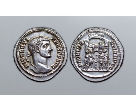 Diocletian AR Argenteus. Rome, AD 294. DIOCLETIANVS PF AVG, laureate head right / PROVIDENTIA AVGG, six-turreted camp gate wi