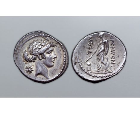 Q. Pomponius Musa AR Denarius. Rome, 66 BC. Laureate head of Apollo, star behind / Urania standing left, holding rod and poin