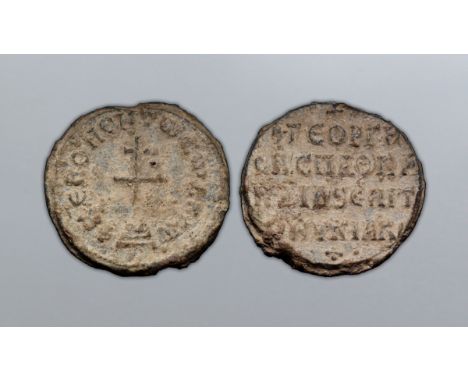 Byzantine Lead Seal. George Basilikos, 'bearer of the spatha', 9-11th century AD. K (CPI) E BOH?EI TW CW ?OVLW, patriarchal c