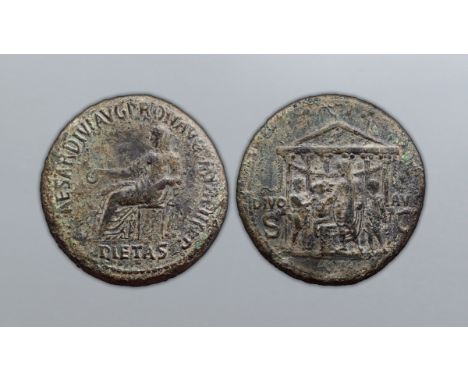 Caligula Æ Sestertius. Rome, AD 39-40. C CAESAR DIVI AVG PRON AVG P M TR P III P P, Pietas, veiled and draped, seated left on