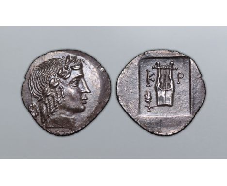Lycia, Kragos AR Hemidrachm. Circa 48-23 BC. Laureate head of Apollo right / Lyre, K-P across, grain ear to lower left. SNG v