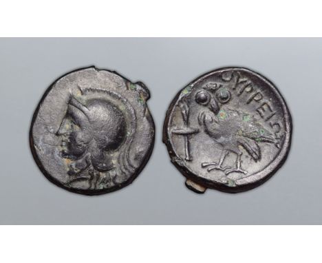 Akarnania, Thyrrheion Æ18. Circa 300-250 BC. Helmeted head of Athena left, wearing crested Athenian helmet / ?????I??, owl st