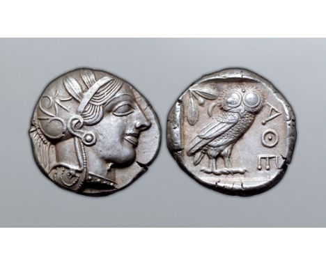 Attica, Athens AR Tetradrachm. Circa 454-404 BC. Head of Athena right, wearing earring, necklace, and crested Attic helmet de