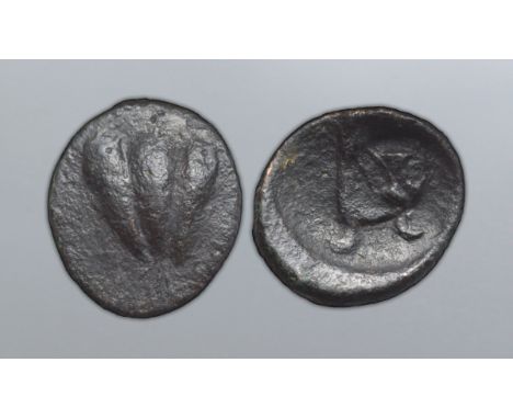 Cyclades, Melos Æ17. Circa 4th century BC. Pomegranate / Kantharos (overstruck on coin of uncertain type and design). SNG Cop