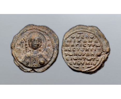 Byzantine Lead Seal. Michael Euthymius, Magistros, and Krites, 11-12th century AD. Bust of winged Archangel Michael with scep