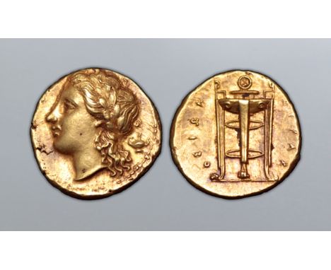 Sicily, Syracuse EL 50 Litrai. Time of Agathokles, circa 310-304 BC. Laureate head of Apollo left, lamp behind / Tripod lebes