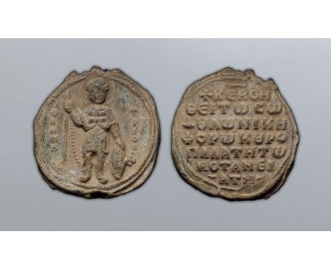 Byzantine Lead Seal. Nicephorus Botaniates, Kouropalates, about AD 1074-1077. St. Demetrios with lance and shield, (= O A?IOC