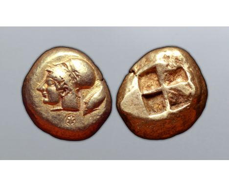 Mysia, Kyzikos EL Stater. Circa 550-500 BC. Head of Athena left, wearing Corinthian helmet; tunny fish behind / Quadripartite