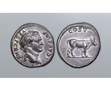 Titus, as Caesar, AR Denarius. Ephesus, AD 76. T CAES IMP VESP AVG, laureate head right, annulet below / COS V, bull standing