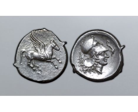 Illyria, Dyrrhachion AR Stater. Circa 400-330 BC. Pegasos flying right, ? below / Helmeted head of Athena right; club and ? b