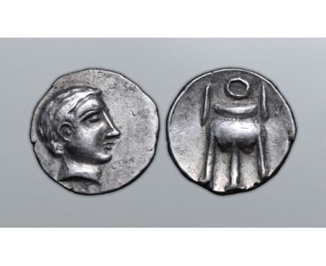 Crete, Axos AR Drachm. Circa 4th century BC. Young beardless head right with short cropped hair / Tripod with handles and ani