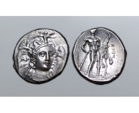 Lucania, Herakleia AR Stater. Time of Pyrrhos of Epeiros, circa 281-278 BC. Leon-, magistrate. Head of Athena facing slightly