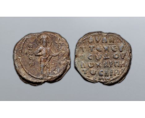 Byzantine Lead Seal. Charpes Sara sites, circa 11th centrury AD. St. John Prodromos with cross sceptre, (= O A?IOC) IW O ?PO-