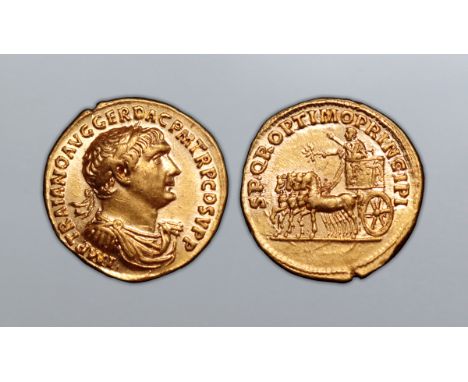 Trajan AV Aureus. Rome, AD 106. IMP TRAIANO AVG GER DAC P M TR P COS V P P, laureate, draped and cuirassed bust right / SPQR 