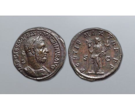 Macrinus Æ Sestertius. Rome, AD 217-218. IMP CAES M OPEL SEV MACRINVS AVG, laureate, cuirassed bust right / PONTIF MAX TR P P