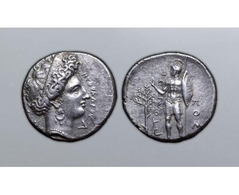 Crete, Aptera AR Stater. Signed by Pythodoros. Circa 4th century BC. ?[??A?????] around head of Artemis Aptera to right, with