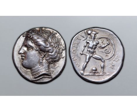 Lokris, Lokris Opuntii AR Stater. Circa 369-338 BC. Head of Demeter left, wearing triple pendant earring and necklace / Ajax 