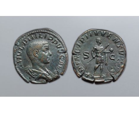 Philip II, as Caesar, Æ Sestertius. Rome, AD 245. M IVL PHILIPPVS CAES, bare headed and draped bust right / PRINCIPI IVVENT, 