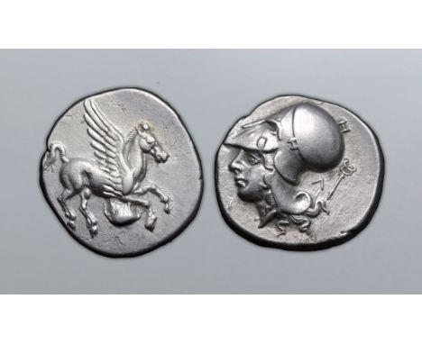 Akarnania, Leukas AR Stater. Circa 350 BC. Pegasos flying to right, ? below (obscured by die break) / Head of Athena left in 