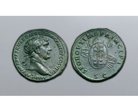 Trajan Æ As. Rome, AD 104/5-107. IMP CAES NERVAE TRAIANO AVG GER DAC P M TR P COS V P P, laureate bust right, with drapery on