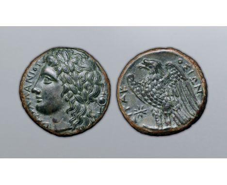 Sicily Syracuse Æ21. Time of Hiketas, circa 287-278 BC. ?IO? E??ANIOY, laureate head of Apollo left, palladium behind / ?YPAK