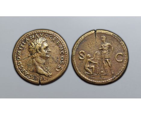 Domitian Æ Sestertius. Rome, AD 85. IMP CAES DOMIT AVG GERM COS XI CENS POT P P, laureate bust of Domitian right wearing aegi