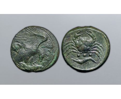 Sicily, Akragas Æ Tetras. Circa 420-406 BC. AKPA, eagle, with head lowered, standing right on hare; crab behind / Crab, crayf