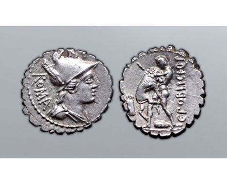 C. Poblicius Q. f. AR Serrate Denarius. Rome, 80 BC. Draped bust of Roma right, helmet decorated with corn ears and control m