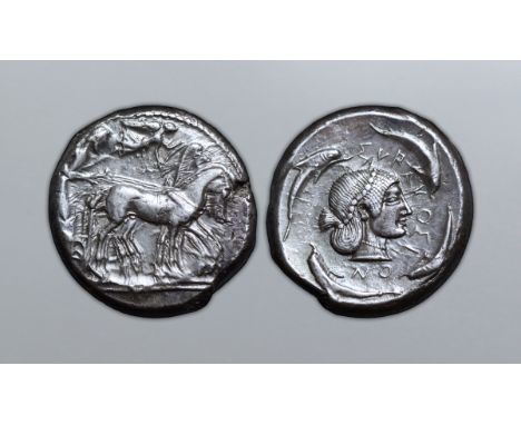 Sicily, Syracuse AR Tetradrachm. Deinomenid Tyranny. Time of Hieron I, circa 480-475 BC. Charioteer, holding kentron and rein