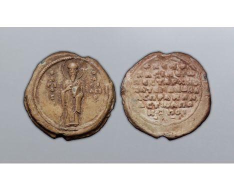 Byzantine Lead Seal. Basil Apokapes, Bestarches and Katepano of Baasprakanias, AD 1064. St. Basil with commandments, O A ?I O