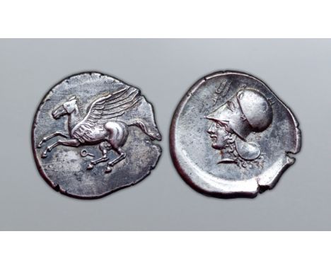 Corinthia, Corinth AR Stater. Circa 400-375 BC. Pegasos flying left, Q below / Head of Athena left, wearing Corinthian helmet